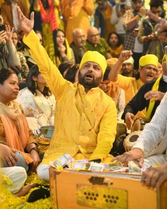 Colorful Basant Panchami celebration with live traditional music in Delhi, India.